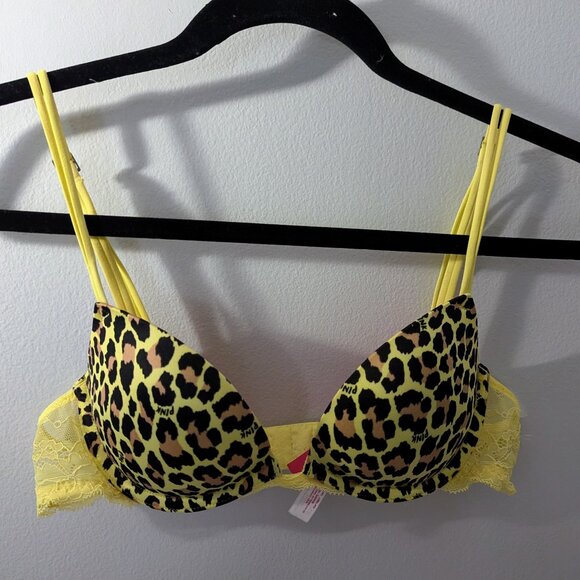 Victoria's Secret PINK Neon Yellow Leopard Push-Up Bra Size 34A - Picture 1 of 7